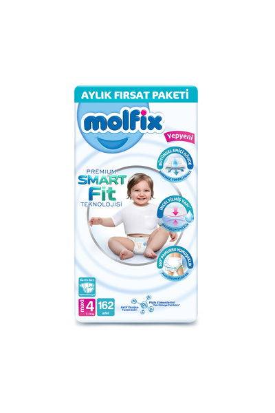 Molfix Premium Smart Fit Aylık Fırsat Paketi 4 Beden Maxi 162 Adet