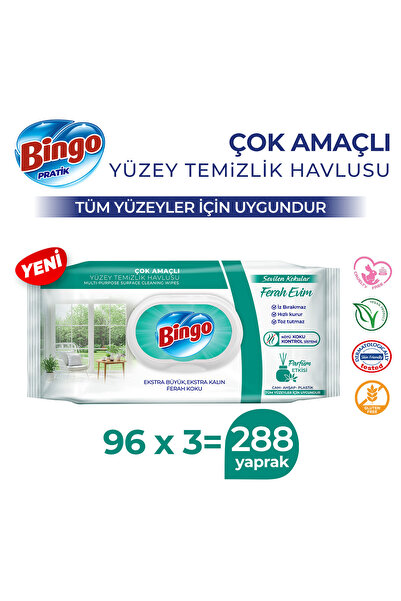 Bingo Yüzey Temizleme Havlusu Sevilen Kokular Ferah Evim 96 Adetx3 (288 Yaprak)