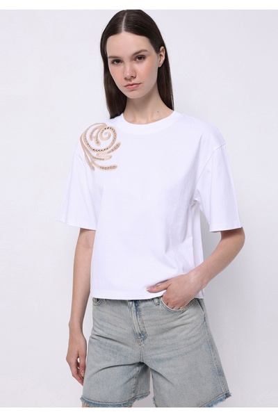 Colin's Tricou alb cu mânecă scurtă pentru femei, cu guler rotund, croială no...