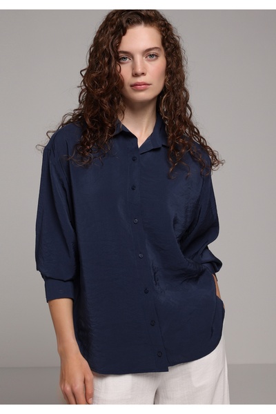 Colin's Boyfriend Shirt Neck Düz Kadın Lacivert Uzun Kol Gömlek