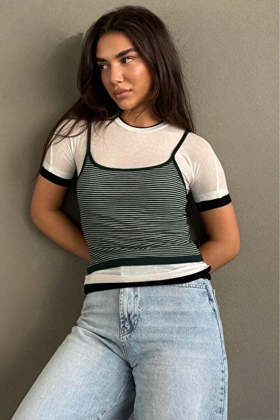 Madmext Tricou verde pentru femei cu aspect dublu cu dungi MG2699