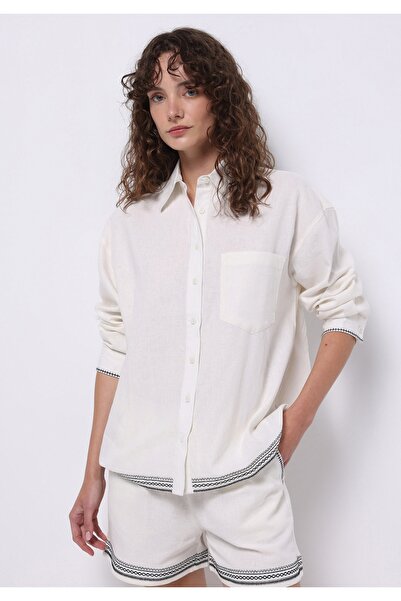 Colin's Regular Fit Shirt Neck Nakışlı Kadın Beyaz Uzun Kol Gömlek