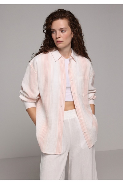 Colin's Γυναικείο πορτοκαλί μακρυμάνικο πουκάμισο με ριγέ λαιμόκοψη