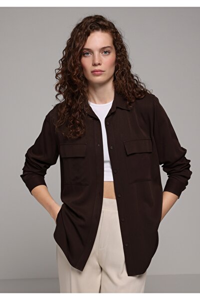 Colin's Regular Fit Shirt Neck Düz Kadın Kahverengi Uzun Kol Gömlek