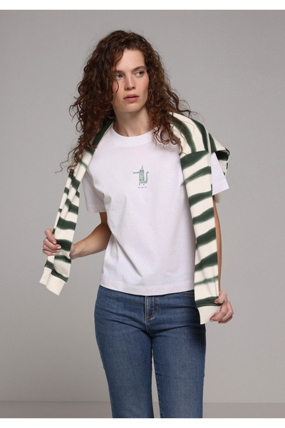 Colin's Боксерска блуза с кръгла яка и принт за жени, бяла, с къс ръкав