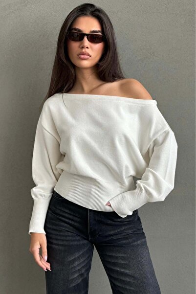 Madmext Ecru Ribbed Asymmetrical Cut Women's Sweater Mg2744