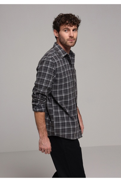 Colin's Regular Fit Shirt Neck Ekoseli Erkek Gri Uzun Kol Gömlek