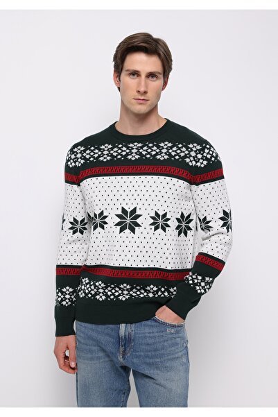 Colin's Pulover verde pentru bărbați, cu gât rotund, jacquard