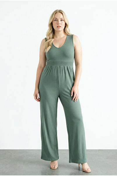 Stil Diva Plus Size Fabric Jumpsuit with Elastic Waist and Detailed Back and ...