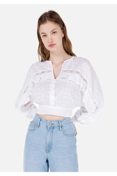 Colin's قميص نسائي أبيض بأكمام طويلة ورقبة على شكل حرف V