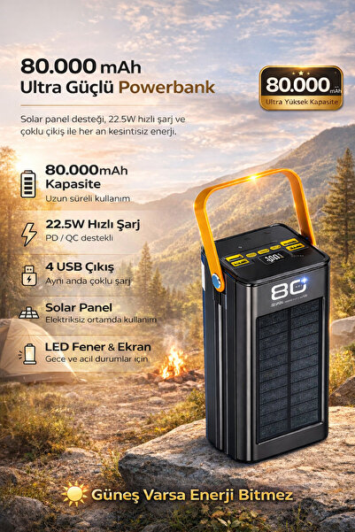 Maybax Güneş Enerjili Solar Powerbank 80.000 mAh Dijital Göstergeli El Fenerl...