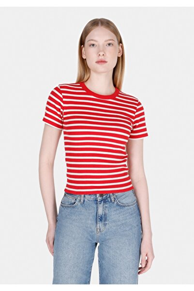 Colin's Slim Fit Round Neck Striped Women's Red Short Sleeve T-Shirt