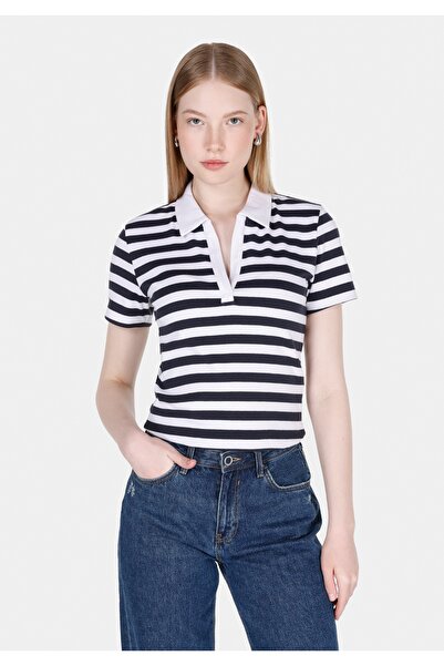 Colin's Slim Fit Polo γιακά ριγέ Γυναικείο λευκό κοντομάνικο μπλουζάκι