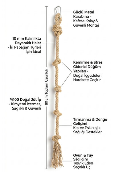 Mivra Pets Papağan Stres İpi 80 cm 10mm Kalın Jüt Halat Tırmanma Oyuncağı Kar...