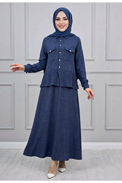 Mercan ETEKLİ TAKIM LACİVERT KADIN 2'Lİ ETEKLİ KETEN TAKIM