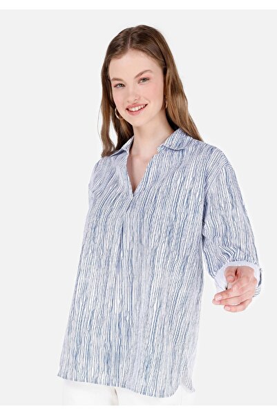 Colin's Regular Fit Shirt Neck Çizgili Kadın Beyaz Roll-Up Gömlek