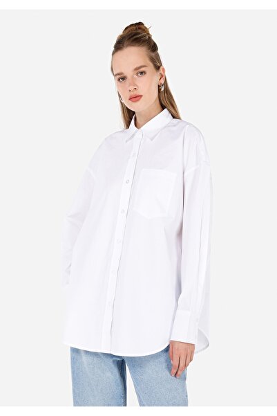 Colin's Relax Fit Βαμβακερό πουκάμισο με ίσια λαιμόκοψη, γυναικείο λευκό μακρ...