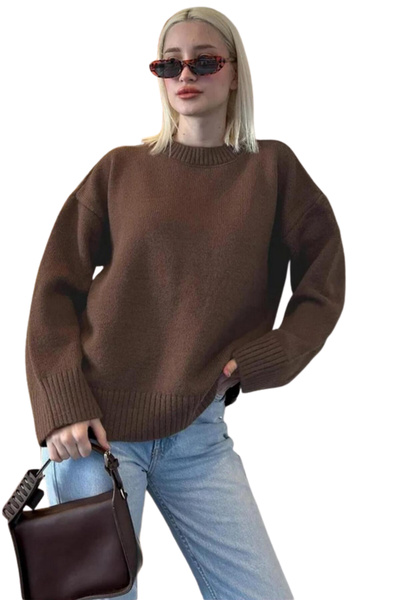 MODASPARK Pulover de damă supradimensionat cu gât roșu maro