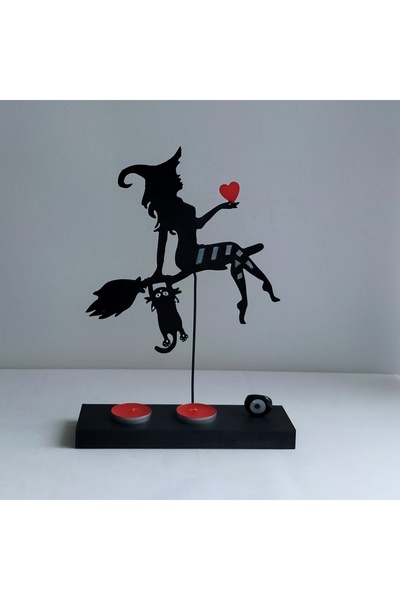 Tahtadenizi Tatlı Cadı Kedi 2li Mumlu Kalp ve Cam Nazar Boncuk Süslemeli Ahşa...