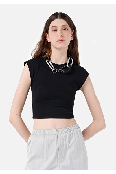 Colin's Tricou negru cu mânecă scurtă pentru femei, cu gât rotund, fără buzunare