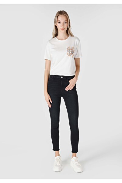 Colin's بنطلون جينز أسود ضيق بخصر متوسط ​​للنساء مع جيوب