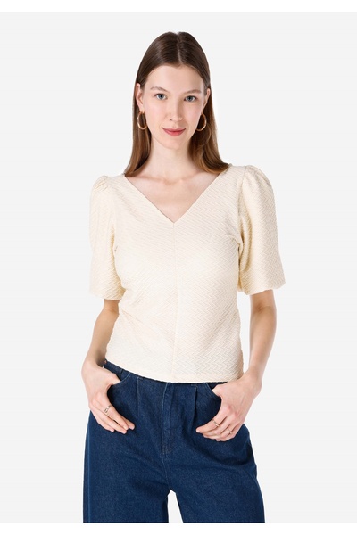 Colin's Slim Fit V-Neck Plain Women's Ecru Short Sleeve T-Shirt