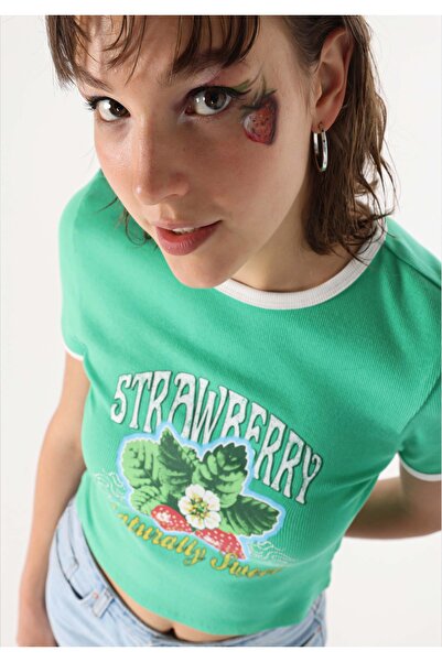 Colin's Slim Fit Round Neck Printed Women's Green Short Sleeve T-Shirt