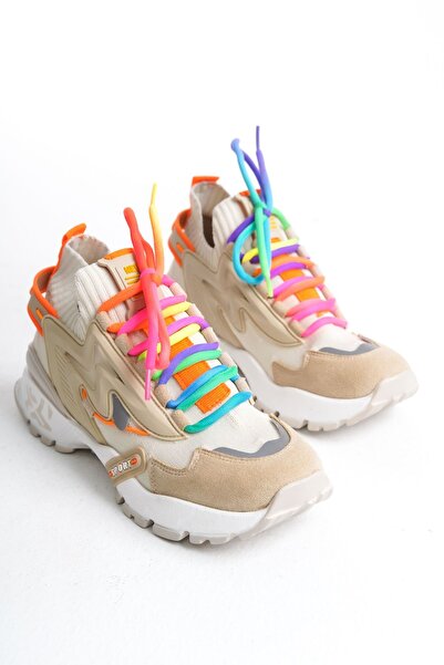 MARSEDO Ευέλικτο μπεζ γυναικείο sneaker με ψηλή σόλα και κορδόνια