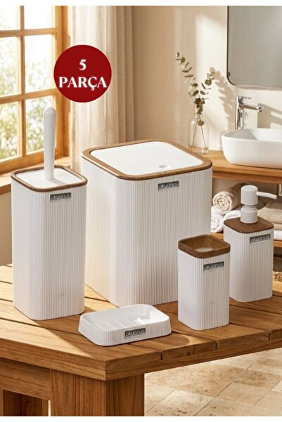 Okyanus Home Mina Beyaz Ahşap Desenli Çizgili Kare 5'li Banyo Seti