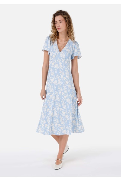 Colin's Синя дамска рокля с V-образно деколте и шарка, стандартна кройка