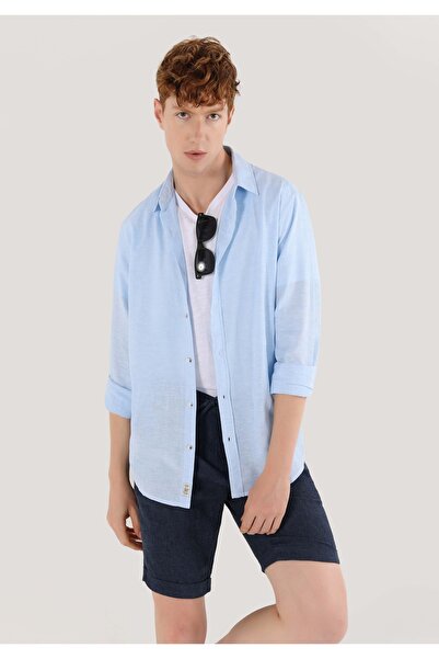 Colin's Comfort Fit Shirt Neck Düz Erkek Mavi Uzun Kol Gömlek