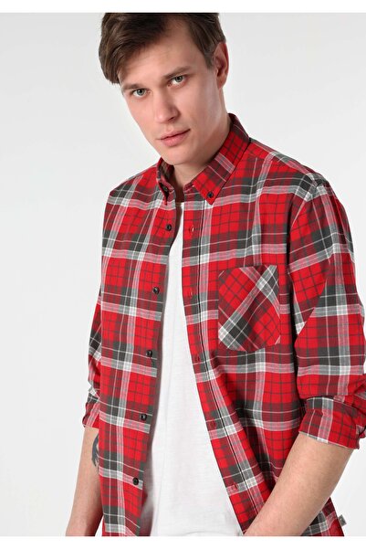 Colin's Червена стандартна мъжка риза с дълъг ръкав - каре