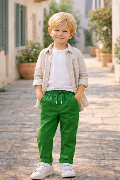 NANİCA Green Boy's Elastic Waist Gabardine Trousers 1-5 Years
