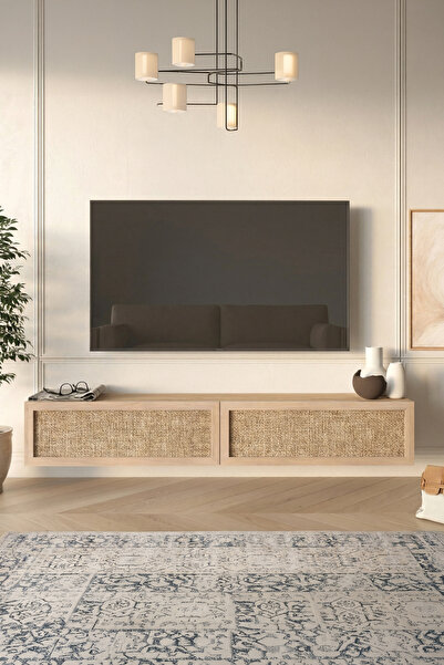 Yurudesign Future Tv Ünitesi Sehpası Duvara Monte Ahşap Jüt Kapaklı 180cm Sep...