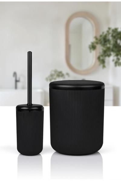 Okyanus Home Linea Siyah Çizgili Yuvarlak 2'li Wc Kova Ve Fırça Seti