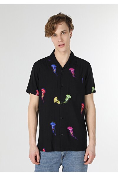 Colin's Regular Fit Viskoz Shirt Neck Baskılı Erkek Siyah Kısa Kol Gömlek