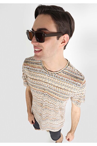 Colin's Регулярна кройка, с обло деколте, с печат, мъжка, екрю, къс ръкав, те...