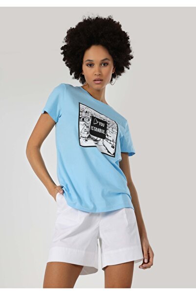 Colin's Tricou albastru cu mânecă scurtă pentru femei, cu gât rotund, cu croi...