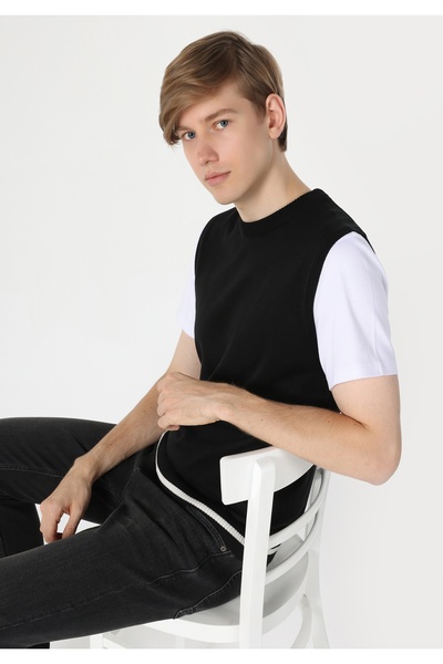 Colin's Pulover negru pentru bărbați, jacquard, cu gât rotund