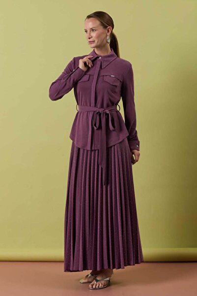 MELIDIA A41605 Aguaje Taşlı Piliseli Etek Takım / MOR