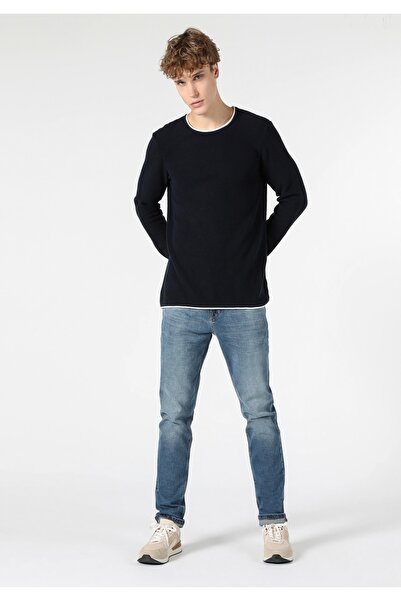 Colin's سترة رجالية ذات قصة عادية قطن lu Round Neck قماش جاكار باللون الأزرق ...