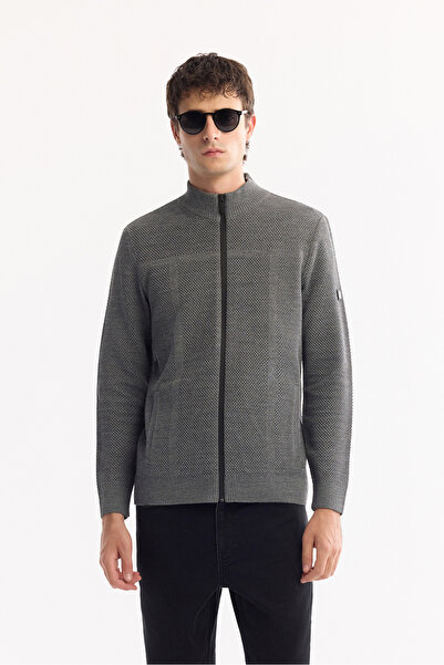 Avva Men's Anthracite Stand Collar Zippered Wool Blend Textured Regular Fit C...