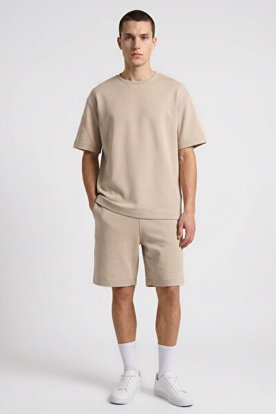 TOMMY LIFE Μπεζ Oversize Fit Basic Ανδρικό Σετ Σορτς - 85292