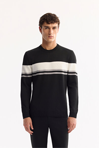 Avva Men's Black Crew Neck Striped Knitwear Regular Fit Sweater A52Y5034