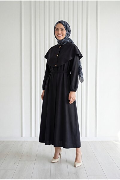 MİHRA STORE Φόρεμα Cupra με στολίδια και κουμπιά Anisa Pelerinli-NA2417 Μαύρο