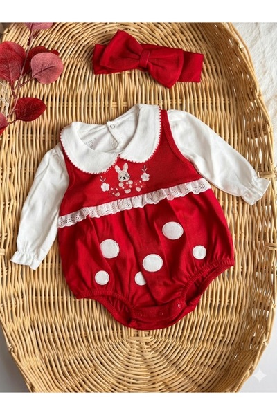 MİNİKİNCİBABY Kız Bebek Kırmızı Mantar Nakışlı Romper Tulum Seti 3'lü