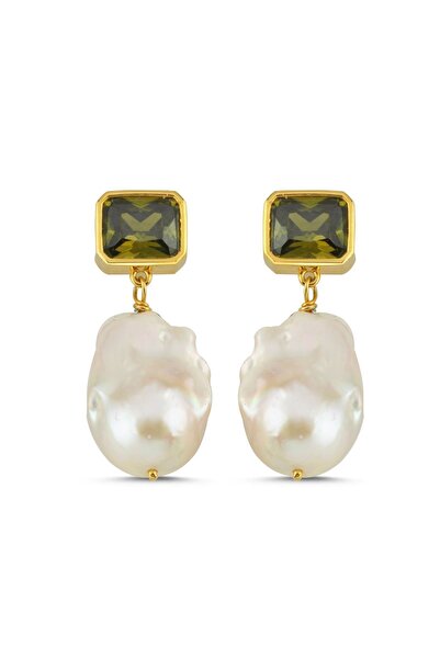 LİNYA JEWELLERY Haki Yeşili Kristal Taşlı Barok İnci Sallantılı Küpe
