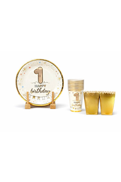 Öztürkpartievi Gold 1 Yaş Doğum Günü Parti Seti – 8 Kişilik Tabak Bardak + Go...
