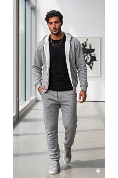 NO 601 Σετ Unisex Γκρι Μπουφάν με φερμουάρ Γκρι Φούτερ