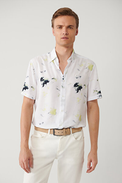 Avva Men's White 100% Viscose Bottom Britli Collar Printed Viscose Regular Fi...